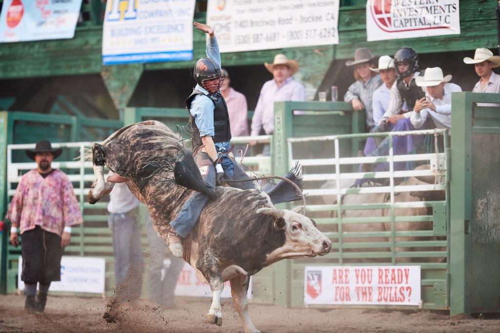 Featured image showing a bull rider competing at the Truckee Pro Rodeo in Truckee, California at McIver Arena.