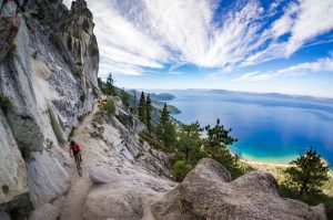 Featured image showing a mountain biker on the Flume Trail at Lake Tahoe