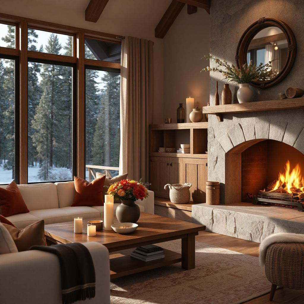 Featured image showing a 3D rendering of a cozy living room on a chilly autumn night in the sierra mountains near Lake Tahoe. The room is decorated with candles, velvet jewel-tone pillows, a rustic vase with autumn blooms, and a fireplace that fills the room with warmth.