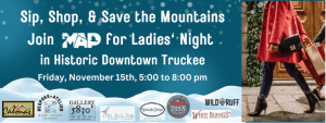 Featured image showing the Sip Shop and Save the Mountains MAP Event flyer for Ladies Night in Downtown Truckee