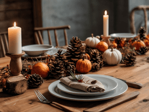 Featured image showing a mountain themed Thanksgiving table with pinecones and pumpkins and wooden candlesticks